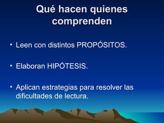 Qué hacen quienesQué hacen quienes
comprendencomprenden
• Leen con distintos PROPÓSITOS.
• Elaboran HIPÓTESIS.
• Aplican estrategias para resolver las
dificultades de lectura.
 