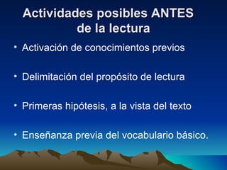 Actividades posibles ANTESActividades posibles ANTES
de la lecturade la lectura
• Activación de conocimientos previos
• Delimitación del propósito de lectura
• Primeras hipótesis, a la vista del texto
• Enseñanza previa del vocabulario básico.
 
