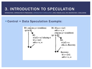 ! Control + Data Speculation Example:
3. INTRODUCTION TO SPECULATION
INTRODUCTION | INTRODUCTION TO PREDICATION | INTRODUCTION TO SPECULATION | INTEL ITANIUM (IA-64), EPIC ARCHITECTURE | CONCLUSIONS
 