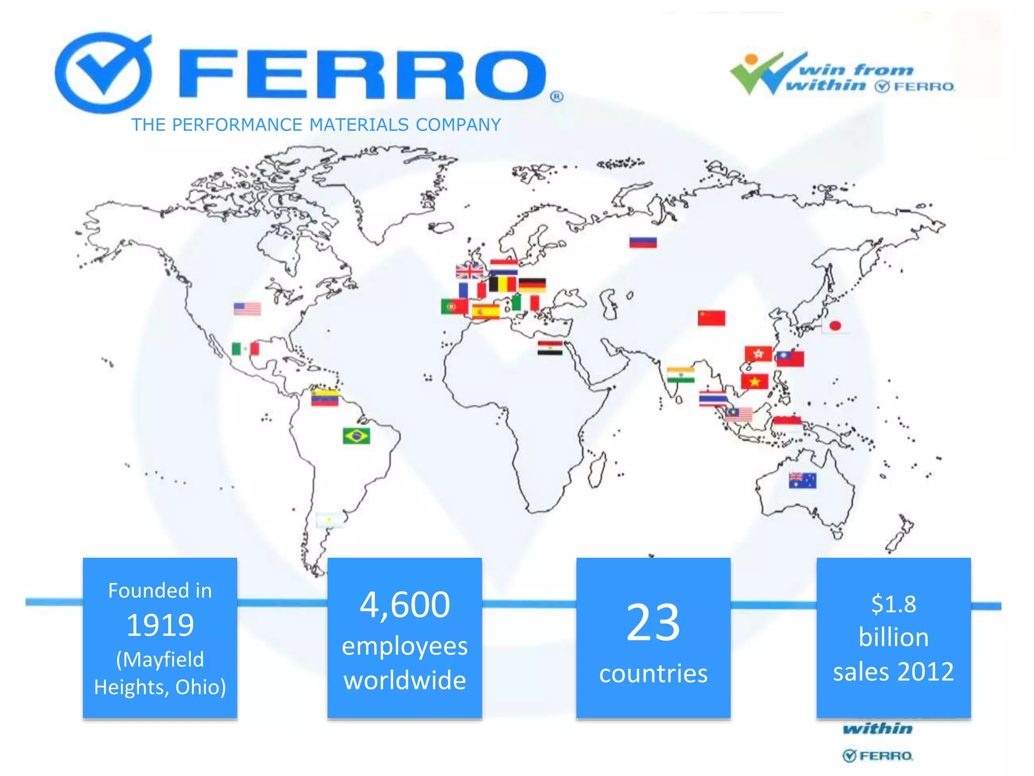 Founded in
1919
(Mayfield
Heights, Ohio)
4,600
employees
worldwide
23
countries
$1.8
billion
sales 2012
THE PERFORMANCE MATERIALS COMPANY
 