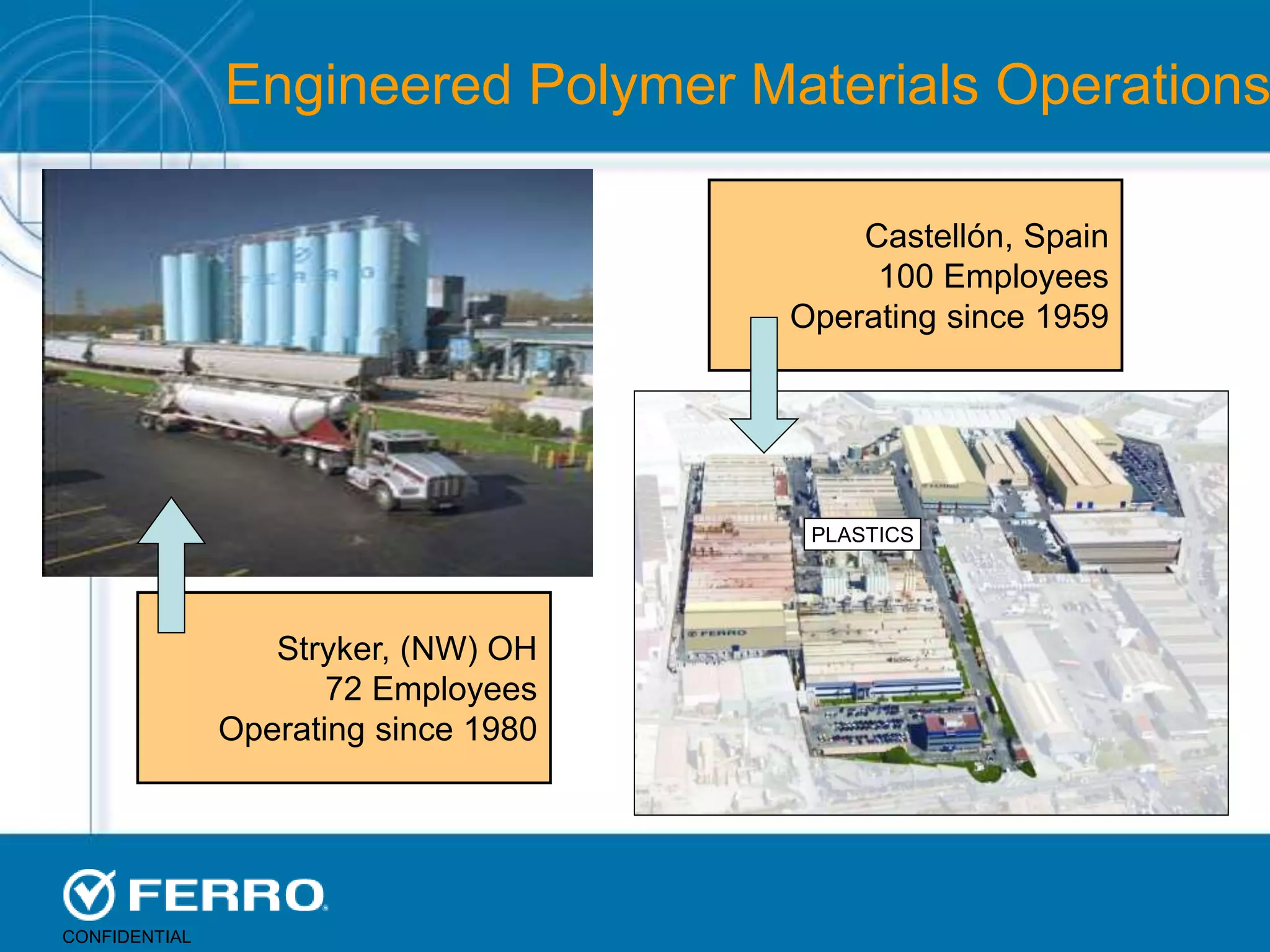 Engineered Polymer Materials Operations
Stryker, (NW) OH
72 Employees
Operating since 1980
Castellón, Spain
100 Employees
Operating since 1959
PLASTICS
CONFIDENTIAL
 