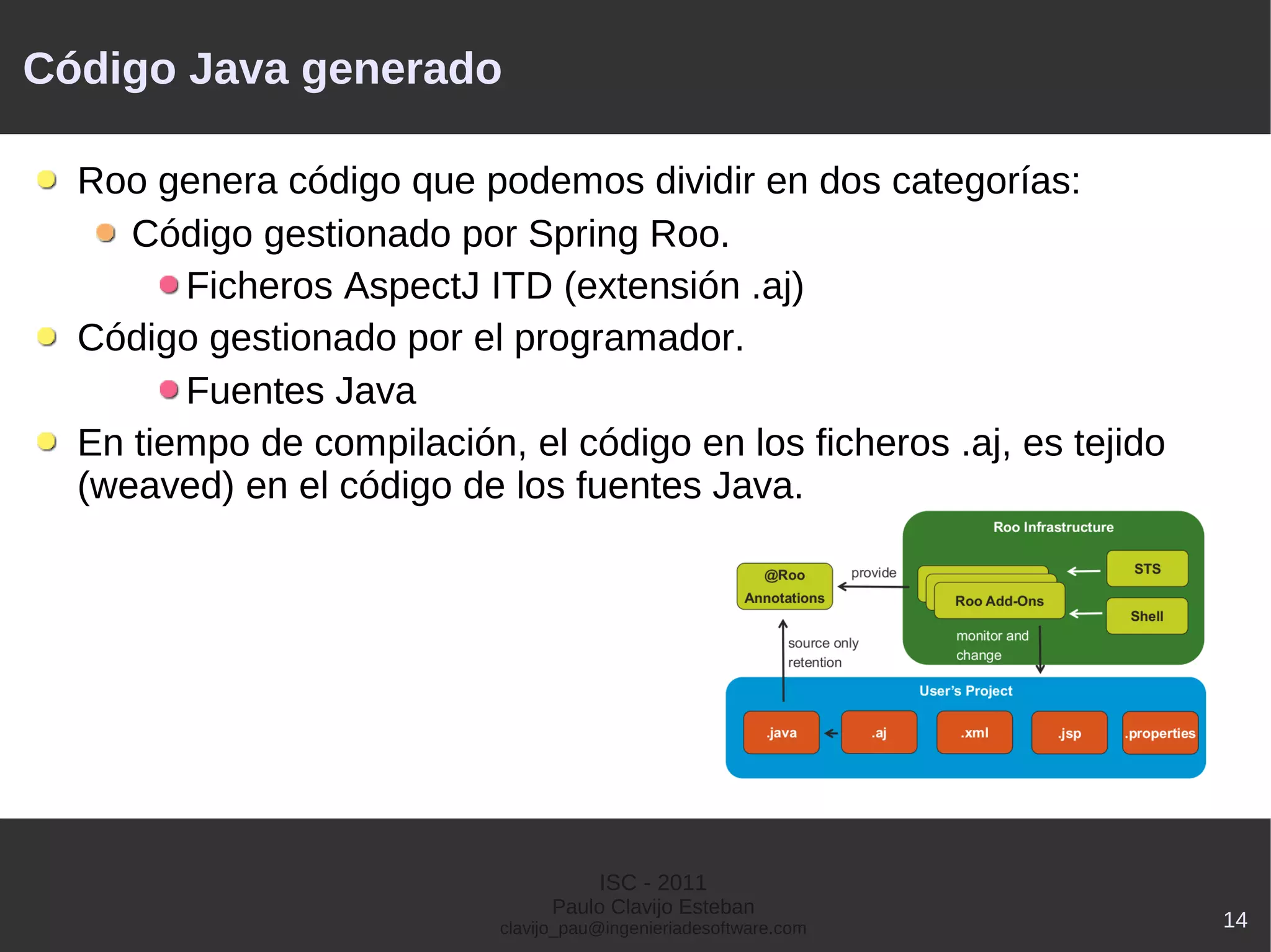 Código Java generado

  Roo genera código que podemos dividir en dos categorías:
     Código gestionado por Spring Roo.
        Ficheros AspectJ ITD (extensión .aj)
  Código gestionado por el programador.
        Fuentes Java
  En tiempo de compilación, el código en los ficheros .aj, es tejido
  (weaved) en el código de los fuentes Java.




                                      ISC - 2011
                                 Paulo Clavijo Esteban
                           clavijo_pau@ingenieriadesoftware.com        14
 