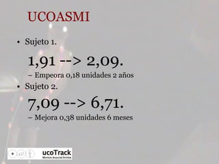UCOASMI Sujeto 1. 1,91 --> 2,09.  Empeora 0,18 unidades 2 años  Sujeto 2. 7,09 --> 6,71.   Mejora 0,38 unidades 6 meses 