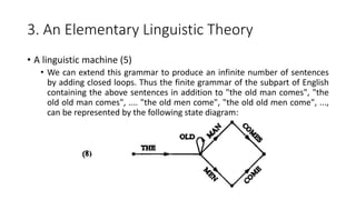 3. An Elementary Linguistic Theory
• A linguistic machine (5)
• We can extend this grammar to produce an infinite number of sentences
by adding closed loops. Thus the finite grammar of the subpart of English
containing the above sentences in addition to "the old man comes", "the
old old man comes", .... "the old men come", "the old old men come", ...,
can be represented by the following state diagram:
 