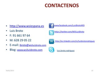 CONTACTENOS
• http://www.wsiespana.es
• Luis Broto
• F: 91 661 97 64
• M: 628 29 05 22
• E-mail: lbroto@wsiluisbroto.com
• Blog: www.wsiluisbroto.com
• www.facebook.com/LuisBrotoWSI
https://twitter.com/WSILuisBroto
• http://es.linkedin.com/in/luisbrotorodriguez
– luis.broto.rodriguez
03/01/2013 23
 