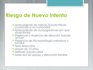 Riesgo de Nuevo Intento
 Antecedente de Intento Suicida Previo
(conocido o no conocido)
 Antecedente de Autoagresiones (en qué
situaciones)
 Presencia o Ausencia de ideación Suicida
actual
 Presencia de Psicopatología individual o
familiar
 Sexo Masculino
 Mayor de 15 años
 Método Suicida Letal
 Mala red de apoyo y disfunción familiar
 