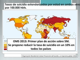 Tasas de suicidio estandarizadas por edad en ambos sexo
por 100.000 hbts.
Organización Mundial de la Salud: Prevención del Suicidio, un imperativo global. 2013.
OMS 2013: Primer plan de acción sobre SM.
Se propone reducir la tasa de suicidio en un 10% en
todos los países
 