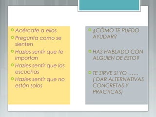Asi ….. Acércate a ellos
 Pregunta como se
sienten
 Hazles sentir que te
importan
 Hazles sentir que los
escuchas
 Hazles sentir que no
están solos
 ¿CÓMO TE PUEDO
AYUDAR?
 HAS HABLADO CON
ALGUIEN DE ESTO?
 TE SIRVE SI YO ……
( DAR ALTERNATIVAS
CONCRETAS Y
PRACTICAS)
 