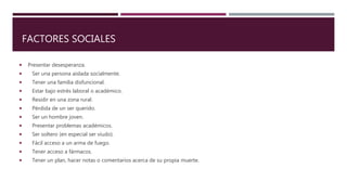 FACTORES SOCIALES
 Presentar desesperanza.
 Ser una persona aislada socialmente.
 Tener una familia disfuncional.
 Estar bajo estrés laboral o académico.
 Residir en una zona rural.
 Pérdida de un ser querido.
 Ser un hombre joven.
 Presentar problemas académicos.
 Ser soltero (en especial ser viudo).
 Fácil acceso a un arma de fuego.
 Tener acceso a fármacos.
 Tener un plan, hacer notas o comentarios acerca de su propia muerte.
 