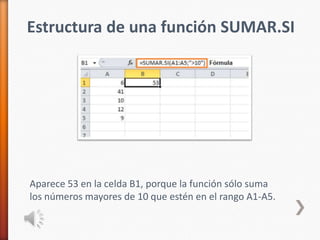 Estructura de una función SUMAR.SI
Aparece 53 en la celda B1, porque la función sólo suma
los números mayores de 10 que estén en el rango A1-A5.