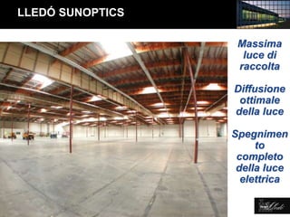 Lledó Energía
Massima
luce di
raccolta
Diffusione
ottimale
della luce
Spegnimen
to
completo
della luce
elettrica
LLEDÓ SUNOPTICS
 