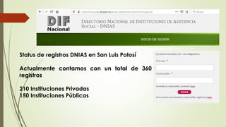 Status de registros DNIAS en San Luis Potosí
Actualmente contamos con un total de 360
registros
210 Instituciones Privadas
150 Instituciones Públicas
 