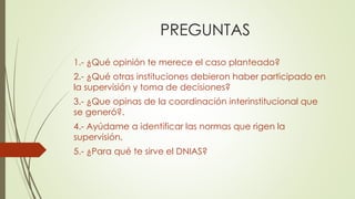 PREGUNTAS
1.- ¿Qué opinión te merece el caso planteado?
2.- ¿Qué otras instituciones debieron haber participado en
la supervisión y toma de decisiones?
3.- ¿Que opinas de la coordinación interinstitucional que
se generó?.
4.- Ayúdame a identificar las normas que rigen la
supervisión.
5.- ¿Para qué te sirve el DNIAS?
 