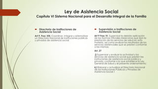 Ley de Asistencia Social
Capítulo VI Sistema Nacional para el Desarrollo Integral de la Familia
 Directorio de Instituciones de
Asistencia Social
Art 9. Frac XIII. Coordinar, integrar y sistematizar
un Directorio Nacional de Instituciones públicas
y privadas de asistencia social;
 Supervisión a Instituciones de
Asistencia Social
Art 9 Frac IV. Supervisar la debida aplicación
de las Normas Oficiales Mexicanas que rijan la
prestación de los servicios de salud en esta
materia, así como evaluar los resultados de los
servicios asistenciales que se presten conforme
a las mismas;
Art. 27
j) Supervisar y evaluar la actividad y los
servicios de asistencia social que presten las
instituciones de asistencia social pública y
privada, conforme a lo que establece la Ley
General de Salud y el presente ordenamiento;
k) Elaborar y actualizar el Directorio Nacional
de las Instituciones Públicas y Privadas de
Asistencia Social; l
 