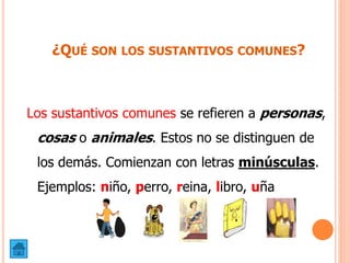 ¿QUÉ SON LOS SUSTANTIVOS COMUNES?
Los sustantivos comunes se refieren a personas,
cosas o animales. Estos no se distinguen de
los demás. Comienzan con letras minúsculas.
Ejemplos: niño, perro, reina, libro, uña
 