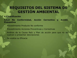 REQUISITOS DEL SISTEMA DE
GESTIÓN AMBIENTAL
4,5 Verificación
4,5,3 No Conformidad,
Preventiva

Acción

Correctiva

y

Acción

-

Procedimiento Producto No conforme

-

Procedimiento Acciones Preventivas y Correctivas

-

Análisis de la Causa Raíz y Plan de acción para que no se
vuelvan a presentar desviaciones

-

Se evalúa su Eficacia

 