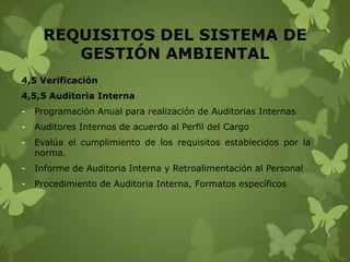 REQUISITOS DEL SISTEMA DE
GESTIÓN AMBIENTAL
4,5 Verificación
4,5,5 Auditoria Interna
-

Programación Anual para realización de Auditorias Internas

-

Auditores Internos de acuerdo al Perfil del Cargo

-

Evalúa el cumplimiento de los requisitos establecidos por la
norma.

-

Informe de Auditoria Interna y Retroalimentación al Personal

-

Procedimiento de Auditoria Interna, Formatos específicos

 