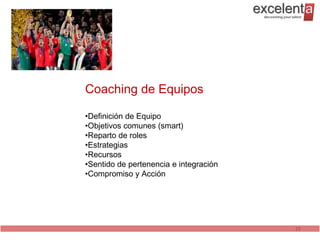 Coaching de Equipos

•Definición de Equipo
•Objetivos comunes (smart)
•Reparto de roles
•Estrategias
•Recursos
•Sentido de pertenencia e integración
•Compromiso y Acción




                                        25
 