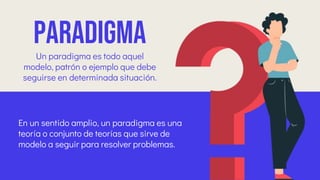 PARADIGMA
Un paradigma es todo aquel
modelo, patrón o ejemplo que debe
seguirse en determinada situación.
En un sentido amplio, un paradigma es una
teoría o conjunto de teorías que sirve de
modelo a seguir para resolver problemas.
 