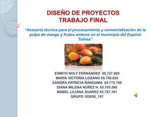 DISEÑO DE PROYECTOS
              TRABAJO FINAL
“Asesoría técnica para el procesamiento y comercialización de la
  pulpa de mango y frutos enteros en el municipio del Espinal
                             Tolima”




               ESMITH NOLY FERNÁNDEZ 65.737.909
                MARÍA VICTORIA LOZANO 65.750.824
              SANDRA PATRICIA ÑANGUMA 65.775.789
                DIANA MILENA NÚÑEZ H. 65.765.560
                MABEL LILIANA SUAREZ 65.767.781
                       GRUPO 102058_197
 