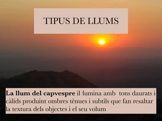 TIPUS DE LLUMS 
La llum del capvespre il·lumina amb tons daurats i 
càlids produint ombres tènues i subtils que fan resaltar 
la textura dels objectes i el seu volum 
 