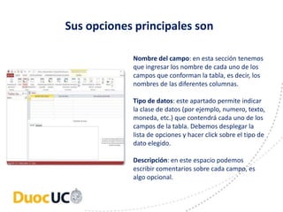 Sus opciones principales son 
Nombre del campo: en esta sección tenemos 
que ingresar los nombre de cada uno de los 
campos que conforman la tabla, es decir, los 
nombres de las diferentes columnas. 
Tipo de datos: este apartado permite indicar 
la clase de datos (por ejemplo, numero, texto, 
moneda, etc.) que contendrá cada uno de los 
campos de la tabla. Debemos desplegar la 
lista de opciones y hacer click sobre el tipo de 
dato elegido. 
Descripción: en este espacio podemos 
escribir comentarios sobre cada campo, es 
algo opcional. 
 