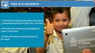 Fases de la convocatoria
1.Formulación deproyectos sedes educativas
y propuestas técnicas a partir del 3 de abril
2.Presentación propuestas pedagógicas
hasta 12 de mayo
3.Publicación banco de propuestas 23
de mayo
 