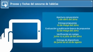 Proceso y fechas del concurso de tabletas
Apertura convocatoria
3 de abril del 2014
Entrega propuestas
12 de mayo del 2014
Evaluación y publicacón banco de propuestas
23 de mayo del 2014
Verificación en campo
junio 15 a julio 30 del 2014
Entrega de dispositivos
de Junio 20 al 29 de agosto
 