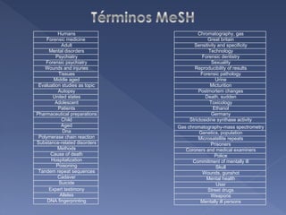 Humans                        Chromatography, gas
     Forensic medicine                       Great britain
            Adult                     Sensitivity and specificity
      Mental disorders                        Technology
         Psychiatry                        Forensic dentistry
    Forensic psychiatry                        Sexuality
    Wounds and injuries               Reproducibility of results
          Tissues                         Forensic pathology
        Middle aged                              Urine
 Evaluation studies as topic                   Micturition
          Autopsy                        Postmortem changes
       United states                        Death, sudden
         Adolescent                           Toxicology
          Patients                              Ethanol
Pharmaceutical preparations                    Germany
            Child                   Strictosidine synthase activity
           Aged                Gas chromatography-mass spectrometry
            Dna                         Genetics, population
 Polymerase chain reaction             Microsatellite repeats
Substance-related disorders                 Prisoners
          Methods                 Coroners and medical examiners
      Cause of death                           Police
       Hospitalization               Commitment of mentally ill
         Poisoning                             Skull
 Tandem repeat sequences                 Wounds, gunshot
          Cadaver                          Mental health
          Suicide                               Ussr
      Expert testimony                     Street drugs
           Alleles                          Weapons
     DNA fingerprinting                 Mentally ill persons
 