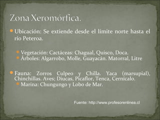 Ubicación: Se extiende desde el límite norte hasta el
 río Peteroa.

   Vegetación: Cactáceas: Chagual, Quisco, Doca.
   Árboles: Algarrobo, Molle, Guayacán. Matorral, Litre


Fauna:   Zorros Culpeo y Chilla. Yaca (marsupial),
 Chinchillas. Aves; Diucas, Picaflor, Tenca, Cernícalo.
  Marina: Chungungo y Lobo de Mar.



                          Fuente: http://www.profesorenlinea.cl
 