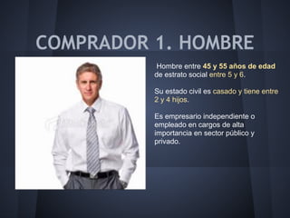 COMPRADOR 1. HOMBRE
Hombre entre 45 y 55 años de edad
de estrato social entre 5 y 6.
Su estado civil es casado y tiene entre
2 y 4 hijos.
Es empresario independiente o
empleado en cargos de alta
importancia en sector público y
privado.
 