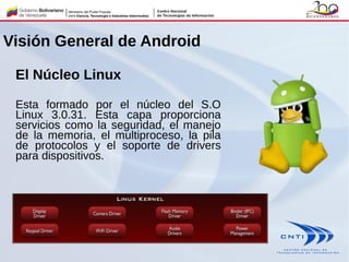 El Núcleo Linux
Esta formado por el núcleo del S.O
Linux 3.0.31. Esta capa proporciona
servicios como la seguridad, el manejo
de la memoria, el multiproceso, la pila
de protocolos y el soporte de drivers
para dispositivos.
Visión General de Android
 