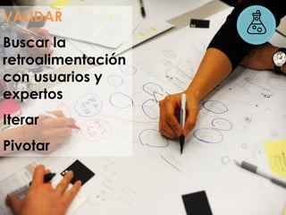 VALIDAR
Buscar la
retroalimentación
con usuarios y
expertos
Iterar
Pivotar
 