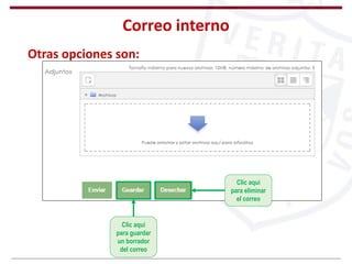 Correo interno
Clic aquí
para guardar
un borrador
del correo
Clic aquí
para eliminar
el correo
Otras opciones son:
 