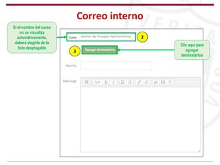 Correo interno
Si el nombre del curso
no se visualiza
automáticamente,
deberá elegirlo de la
lista desplegable
Clic aquí para
agregar
destinatarios
2
3
 