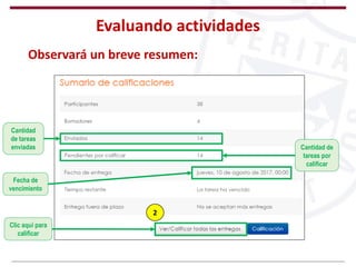 Evaluando actividades
Cantidad
de tareas
enviadas
2
Observará un breve resumen:
Cantidad de
tareas por
calificar
Fecha de
vencimiento
Clic aquí para
calificar
 
