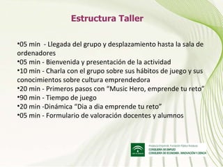Estructura Taller 05 min  - Llegada del grupo y desplazamiento hasta la sala de ordenadores 05 min - Bienvenida y presentación de la actividad 10 min - Charla con el grupo sobre sus hábitos de juego y sus conocimientos sobre cultura emprendedora 20 min - Primeros pasos con “Music Hero, emprende tu reto” 90 min - Tiempo de juego 20 min -Dinámica “Dia a dia emprende tu reto” 05 min - Formulario de valoración docentes y alumnos 