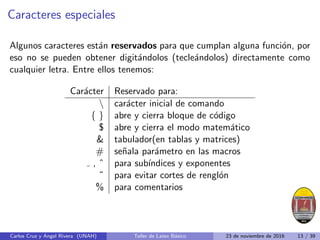 Caracteres especiales
Algunos caracteres están reservados para que cumplan alguna función, por
eso no se pueden obtener digitándolos (tecleándolos) directamente como
cualquier letra. Entre ellos tenemos:
Carácter Reservado para:
 carácter inicial de comando
{ } abre y cierra bloque de código
$ abre y cierra el modo matemático
& tabulador(en tablas y matrices)
# señala parámetro en las macros
, ˆ para subı́ndices y exponentes
˜ para evitar cortes de renglón
% para comentarios
Carlos Cruz y Angel Rivera (UNAH) Taller de Latex Básico 23 de noviembre de 2016 13 / 39
 