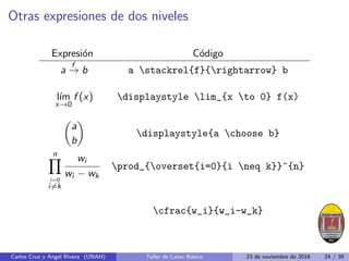 Otras expresiones de dos niveles
Expresión Código
a
f
→ b a stackrel{f}{rightarrow} b
lı́m
x→0
f (x) displaystyle lim_{x to 0} f(x)

a
b

displaystyle{a choose b}
n
Y
i=0
i6=k
wi
wi − wk
prod_{overset{i=0}{i neq k}}^{n}
cfrac{w_i}{w_i-w_k}
Carlos Cruz y Angel Rivera (UNAH) Taller de Latex Básico 23 de noviembre de 2016 24 / 39
 