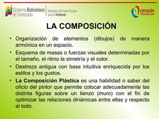 LA COMPOSICIÓN
• Organización de elementos (dibujos) de manera
  armónica en un espacio.
• Esquema de masas o fuerzas visuales determinadas por
  el tamaño, el ritmo la simetría y el color.
• Destreza antigua con base intuitiva enriquecida por los
  estilos y los gustos.
• La Composición Plástica es una habilidad o saber del
  oficio del pintor que permite colocar adecuadamente las
  distinta figuras sobre un lienzo (muro) con el fin de
  optimizar las relaciones dinámicas entre ellas y respecto
  al todo.
 