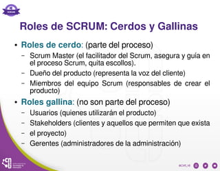 Roles de SCRUM: Cerdos y Gallinas
● Roles de cerdo: (parte del proceso)
– Scrum Master (el facilitador del Scrum, asegura y guía en
el proceso Scrum, quita escollos).
– Dueño del producto (representa la voz del cliente)
– Miembros del equipo Scrum (responsables de crear el
producto)
● Roles gallina: (no son parte del proceso)
– Usuarios (quienes utilizarán el producto)
– Stakeholders (clientes y aquellos que permiten que exista
– el proyecto)
– Gerentes (administradores de la administración)
 