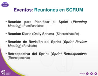 Eventos: Reuniones en SCRUM
●
Reunión para Planificar el Sprint (Planning
Meeting) (Planificación):
●
Reunión Diaria (Daily Scrum) (Sincronización)
●
Reunión de Revisión del Sprint (Sprint Review
Meeting) (Revisión)
●
Retrospectiva del Sprint (Sprint Retrospective)
(Retrospectiva)
 