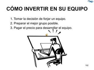 CÓMO INVERTIR EN SU EQUIPO
1. Tomar la decisión de forjar un equipo.
2. Preparar el mejor grupo posible.
3. Pagar el precio para desarrollar el equipo.
102
 