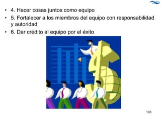 • 4. Hacer cosas juntos como equipo
• 5. Fortalecer a los miembros del equipo con responsabilidad
y autoridad
• 6. Dar crédito al equipo por el éxito
103
 