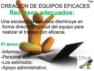 CREACION DE EQUIPOS EFICACES
Recursos adecuados:
Una escasez de recursos disminuye en
forma directa la aptitud del equipo para
realizar el trabajo con eficacia.
E
El apoyo incluye:
-Información oportuna.
-Personal adecuado.
-Los estímulos.
-Apoyo administrativo. 18
 