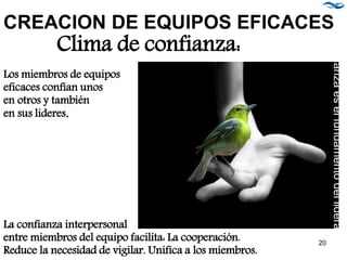 Clima de confianza:
La confianza interpersonal
entre miembros del equipo facilita: La cooperación.
Reduce la necesidad de vigilar. Unifica a los miembros.
La
confianza
es
el
fundamento
del
liderazgo.
CREACION DE EQUIPOS EFICACES
Los miembros de equipos
eficaces confían unos
en otros y también
en sus lideres.
20
 