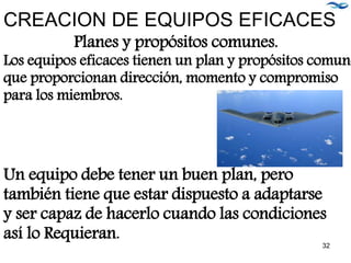 Un equipo debe tener un buen plan, pero
también tiene que estar dispuesto a adaptarse
y ser capaz de hacerlo cuando las condiciones
así lo Requieran.
CREACION DE EQUIPOS EFICACES
Planes y propósitos comunes.
Los equipos eficaces tienen un plan y propósitos comune
que proporcionan dirección, momento y compromiso
para los miembros.
32
 