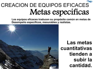 Los equipos eficaces traducen su propósito común en metas de
Desempeño específicos, mesurables y realistas.
CREACION DE EQUIPOS EFICACES
Metas especificas
Las metas
cuantitativas
tienden a
subir la
cantidad.
33
 