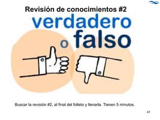 Revisión de conocimientos #2
Buscar la revisión #2, al final del folleto y llenarla. Tienen 5 minutos.
41
 