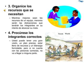 • 3. Organice los
recursos que se
necesitan
– Mientras mejores sean los
recursos de un equipo, menores
serán las distracciones que
tendrán los integrantes en su
intento de alcanzar su meta.
• 4. Procúrese los
integrantes correctos
– Usted puede tener una gran
visión, un plan preciso, estar
lleno de recursos y un liderazgo
formidable, pero si no cuenta
con las personas correctas, no
va a llegar a ninguna parte.
50
 